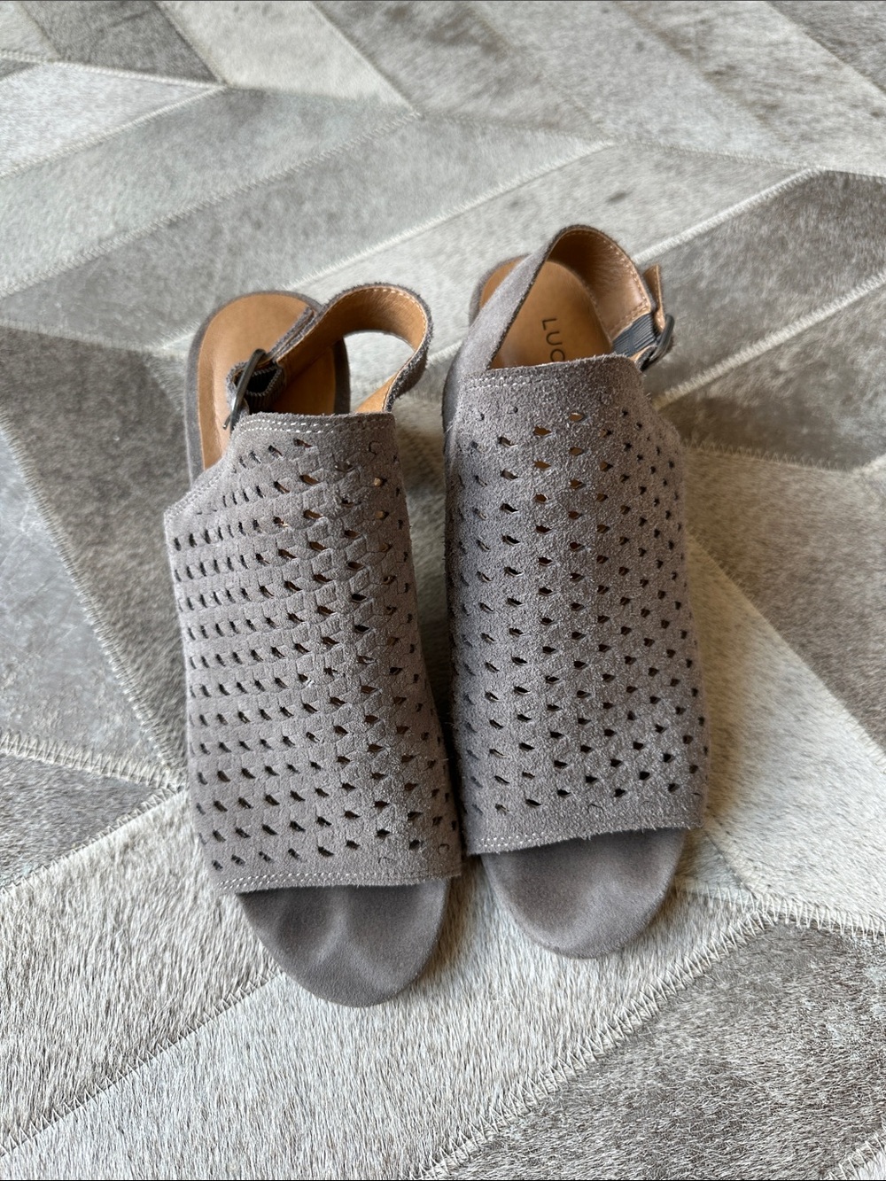 Lucky Brand Gray Perforated Suede Slingback Mules